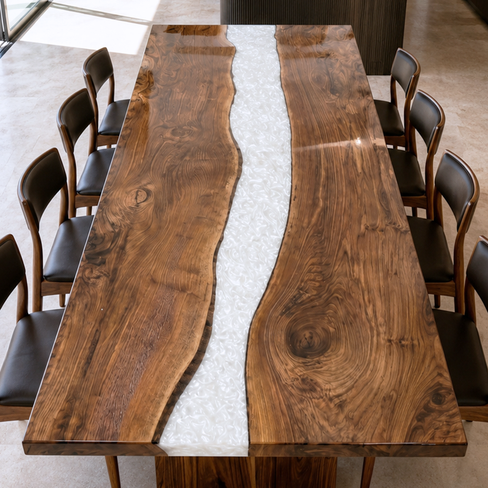 Black Walnut Swirling River White Epoxy Resin Dining Table