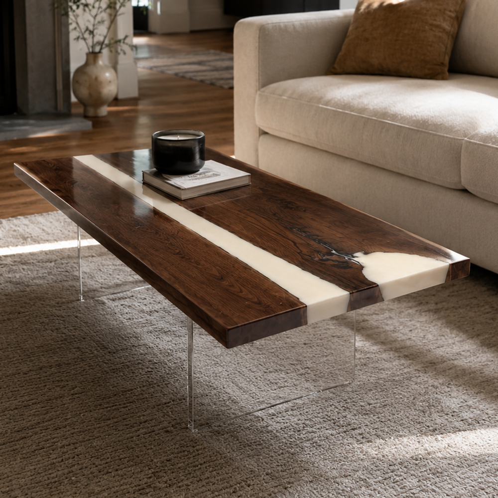 Black Walnut Cream White River Epoxy Wood Slab Table