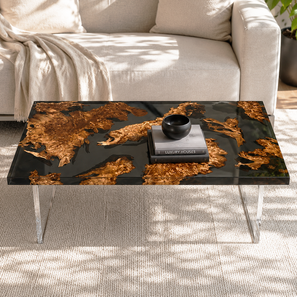 Cunninghamia Burl Transparent Black Epoxy Resin Coffee Table