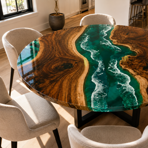 Black Walnut Coastal River Green Wave Epoxy Resin Round Table