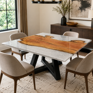 Olive Wood Crystal Tundra Textured Square Epoxy Resin Dining Table