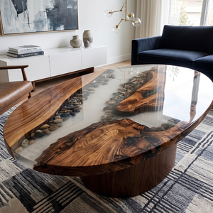 Oval Walnut Wood Epoxy Resin Coffee Table