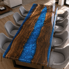 Black Walnut Wood Sapphire Blue River Epoxy Resin Dining Table