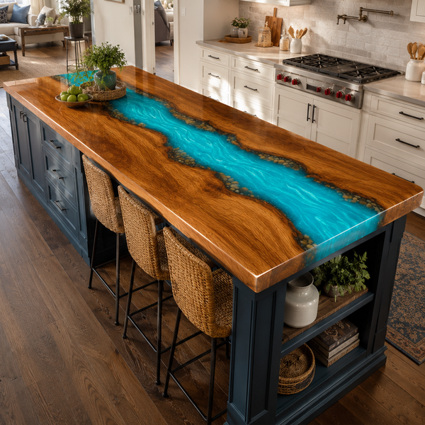 Walnut Wood Custom Aqua River Stone Style Epoxy Resin Countertop