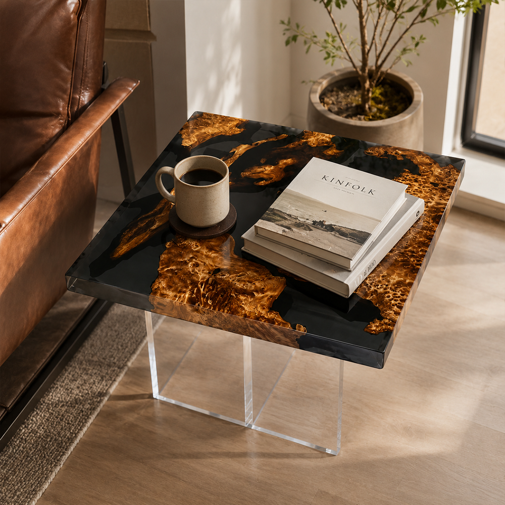 Cunninghamia Transparent Black Burl Square Epoxy Resin Side Table