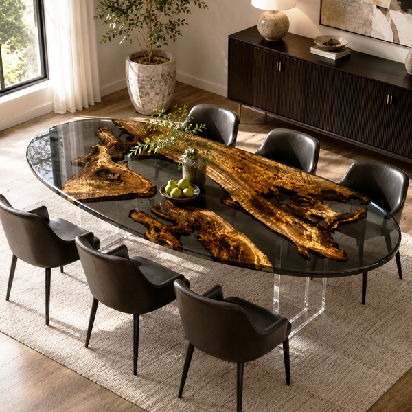 Golden Camphor Black River Translucent Oval Epoxy Resin Dining Table