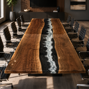 Black Walnut Dark Coastal Pebble Blue Wave Epoxy Resin Conference Table