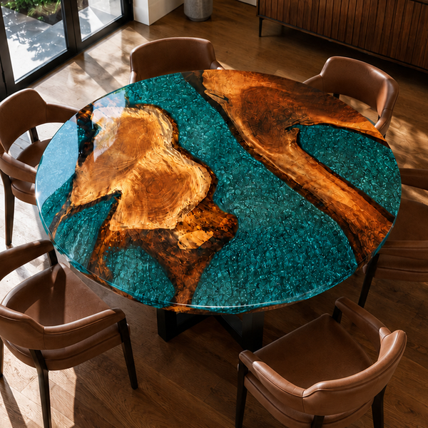 Walnut Tree Ring Crystalline Turquoise Epoxy Resin Round Table