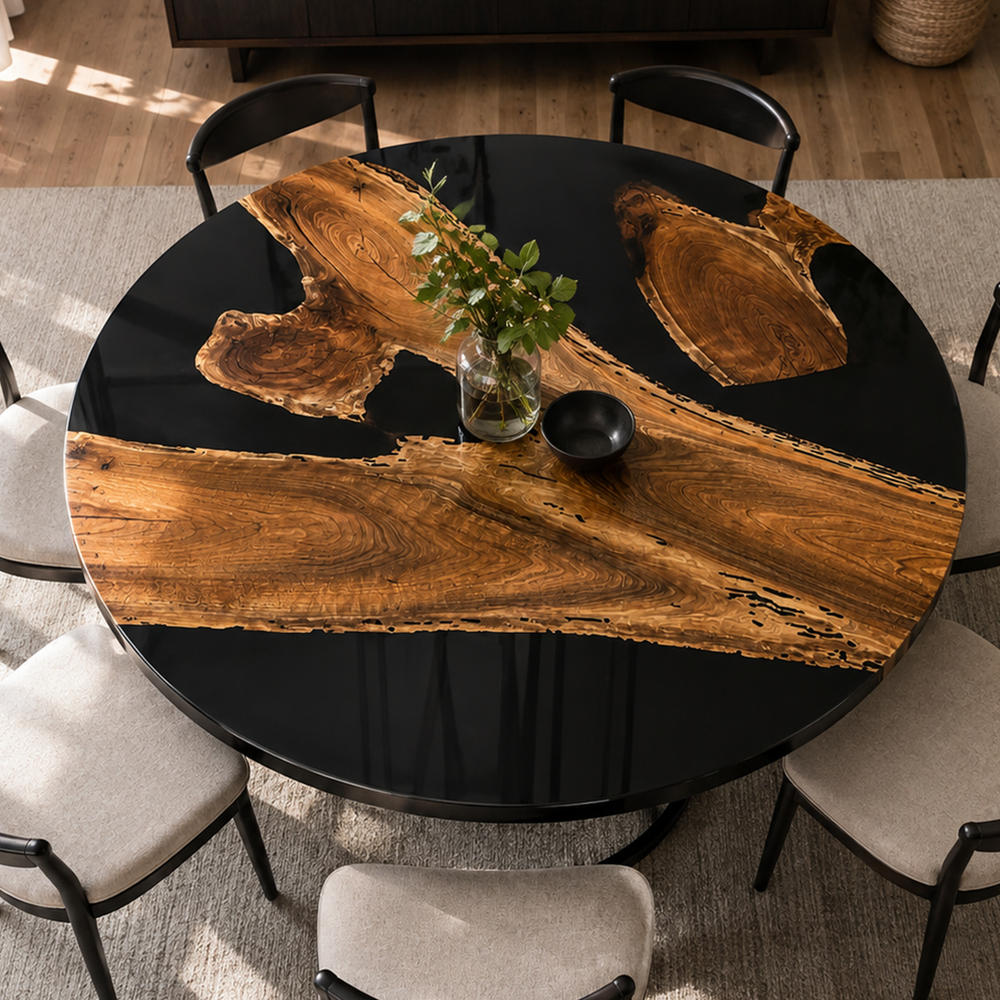 Black Walnut Wood Round Black River Epoxy Resin Dining Table