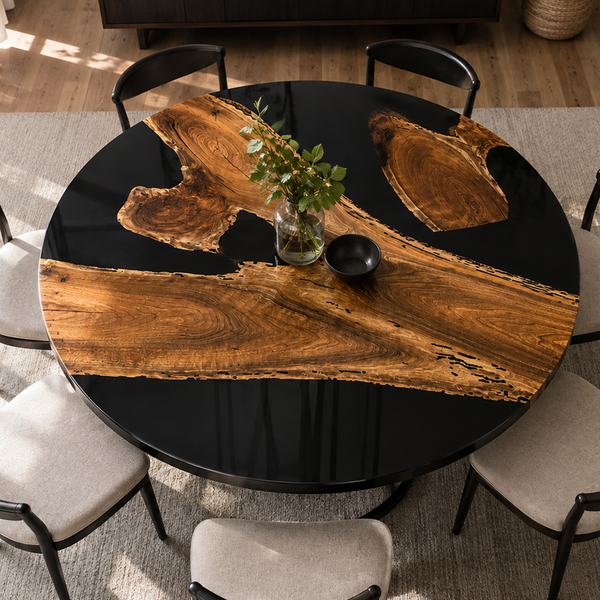 Black Walnut Wood Round Black River Epoxy Resin Dining Table