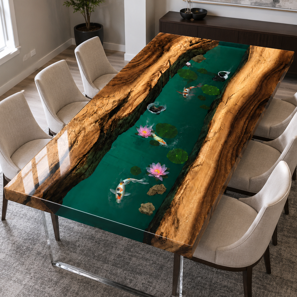 Black Walnut Emerald Jade Aquatic Life Epoxy Resin Dining Table
