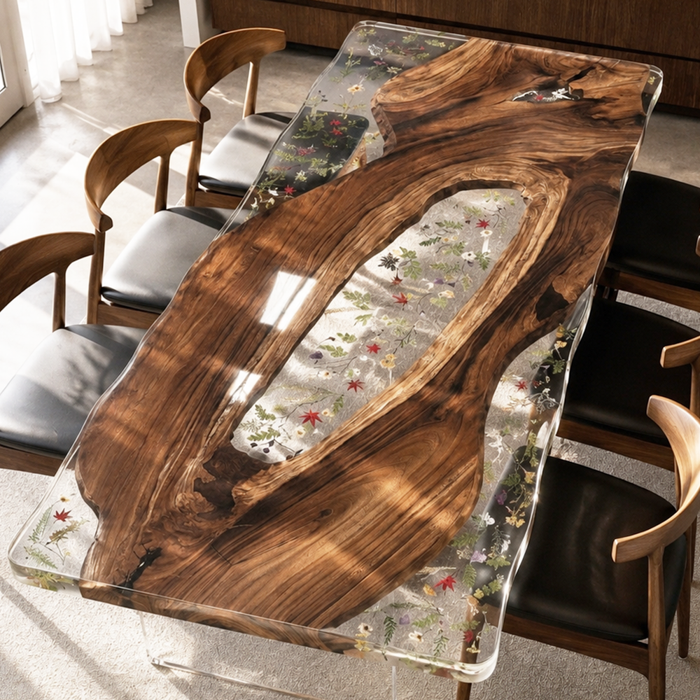 Walnut Wood Floral Inlay Live Edge Epoxy Resin Dining Table