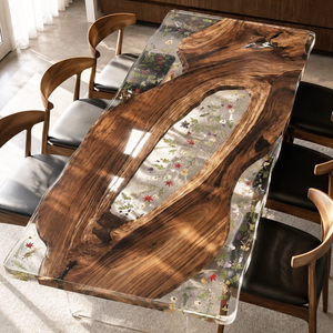 Walnut Wood Floral Inlay Live Edge Epoxy Resin Dining Table