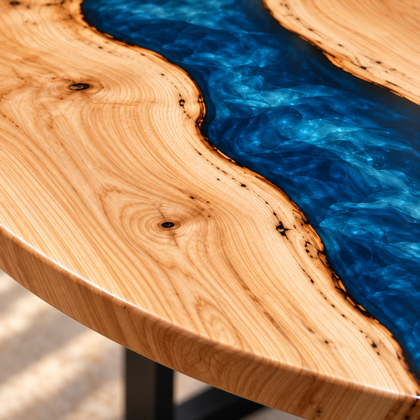 Close-up of ash grain, natural knots and the blue resin boundary.