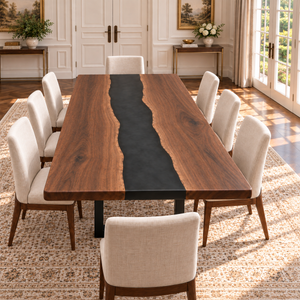 View from the opposite end of the walnut table, showing the black resin river and wood grain.