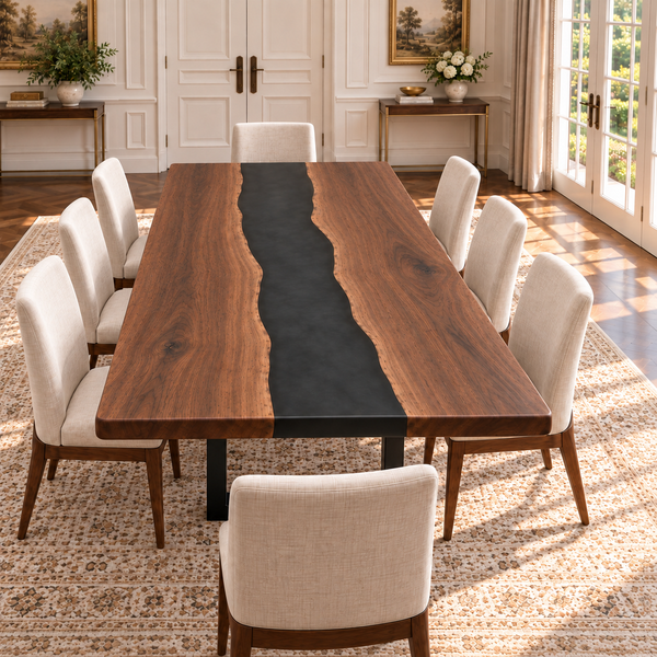 View from the opposite end of the walnut table, showing the black resin river and wood grain.
