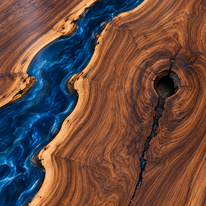 Wood grain and resin detail of the Bluehaven rectangular black walnut conference table with blue epoxy.