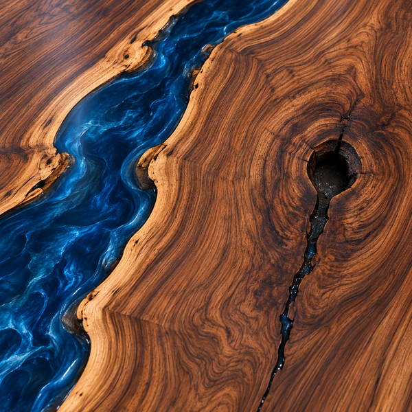 Wood grain and resin detail of the Bluehaven rectangular black walnut conference table with blue epoxy.