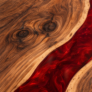 Wood grain and resin detail of the Crimsonbend rectangular black walnut conference table with red epoxy.