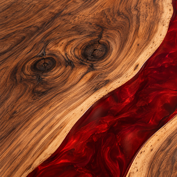 Wood grain and resin detail of the Crimsonbend rectangular black walnut conference table with red epoxy.