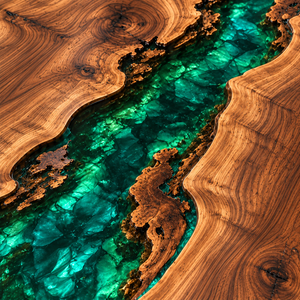 Wood grain and resin detail of the Emeraldjunction rectangular black walnut conference table with green epoxy.