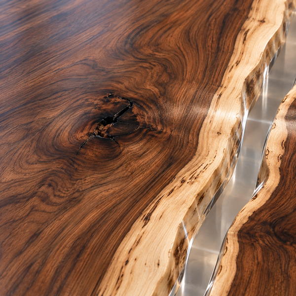 Wood grain and resin detail of the Glassmeadow rectangular black walnut conference table with clear epoxy.