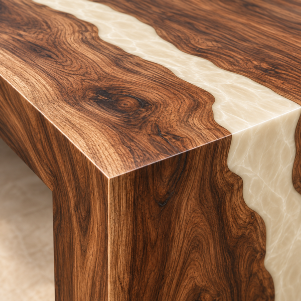 Wood grain and resin detail of the Ivorycascade rectangular black walnut conference table with white epoxy.