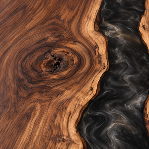 Wood grain and resin detail of the Obsidianreach rectangular black walnut conference table with black epoxy.