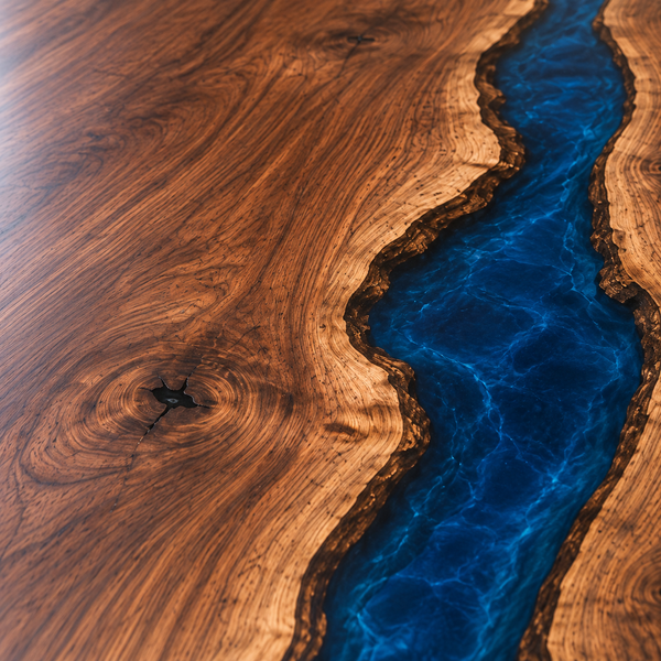 Close-up of Rivercrest walnut grain, natural knots, and the blue epoxy river.