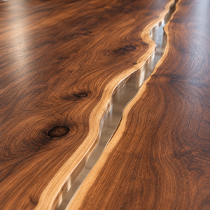 Wood grain and resin detail of the Stillwater rectangular walnut conference table with black epoxy.