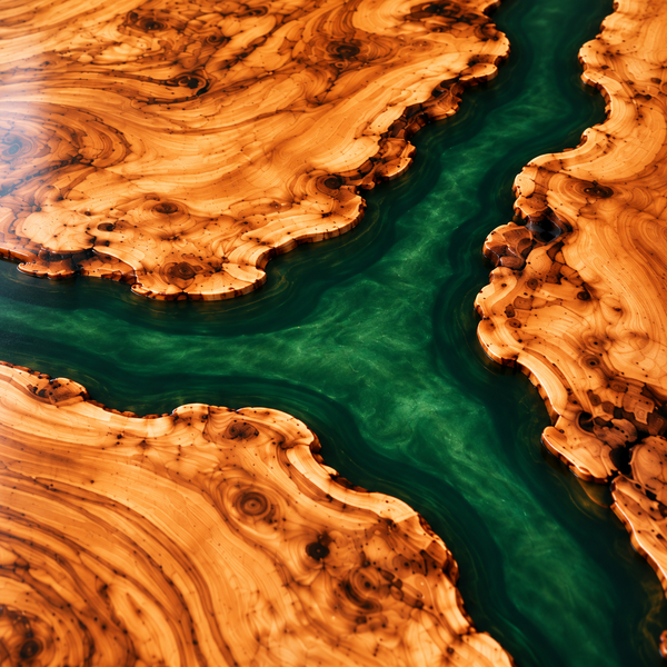 Detail of figured olive wood grain and the forest green resin junction.
