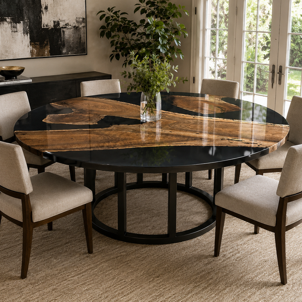 Black Walnut Wood Round Black River Epoxy Resin Dining Table