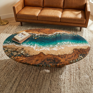 Walnut Wood Oceanic Shoreline Epoxy Resin Oval Coffee Table