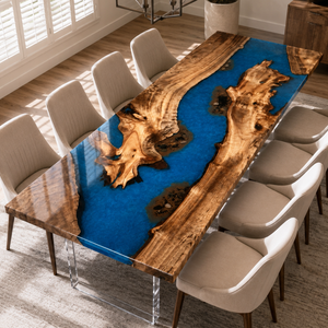 Golden Camphor Blue Wave Epoxy Resin Dining Table