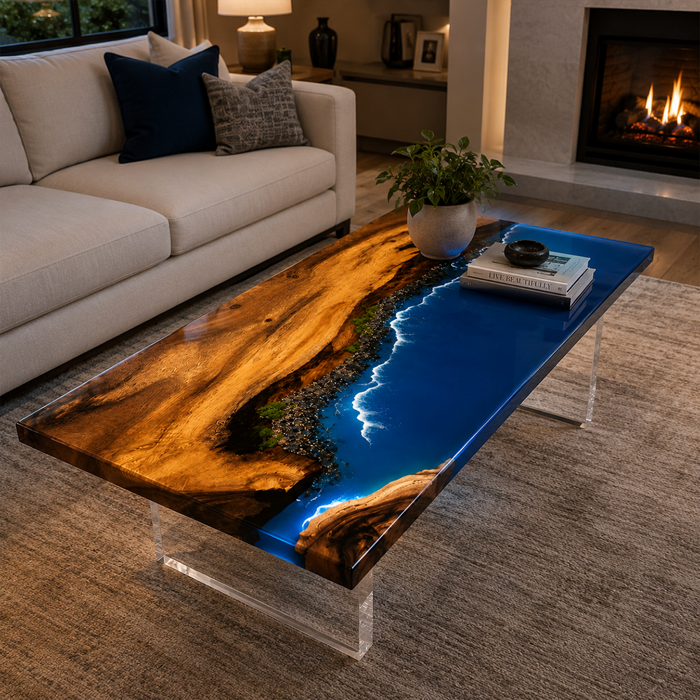 Walnut Rocky Coastline Epoxy Resin Coffee Table