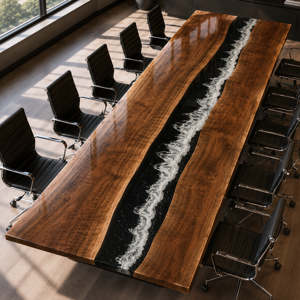 Black Walnut Dark Coastal Pebble Blue Wave Epoxy Resin Conference Table