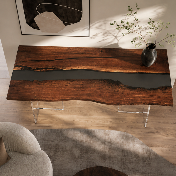 Black Walnut Transparent Black River Epoxy Resin Console Table