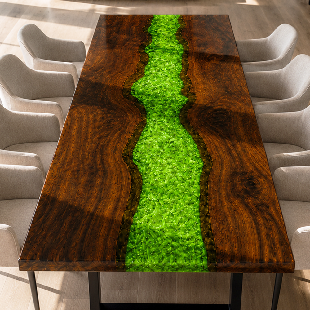 Black Walnut Wood Swirl Green River Epoxy Resin Dining Table