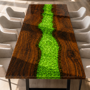 Black Walnut Wood Swirl Green River Epoxy Resin Dining Table