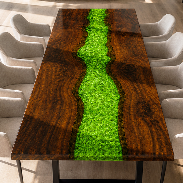 Black Walnut Wood Swirl Green River Epoxy Resin Dining Table