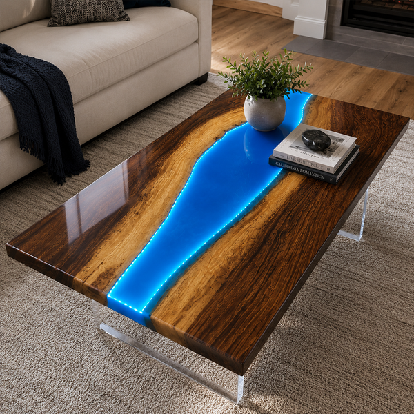 Walnut Luminous Blue River LED Epoxy Resin Coffee Table