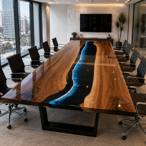 Black Walnut Wood Blue Wave Straight Edge Epoxy Resin Conference Table