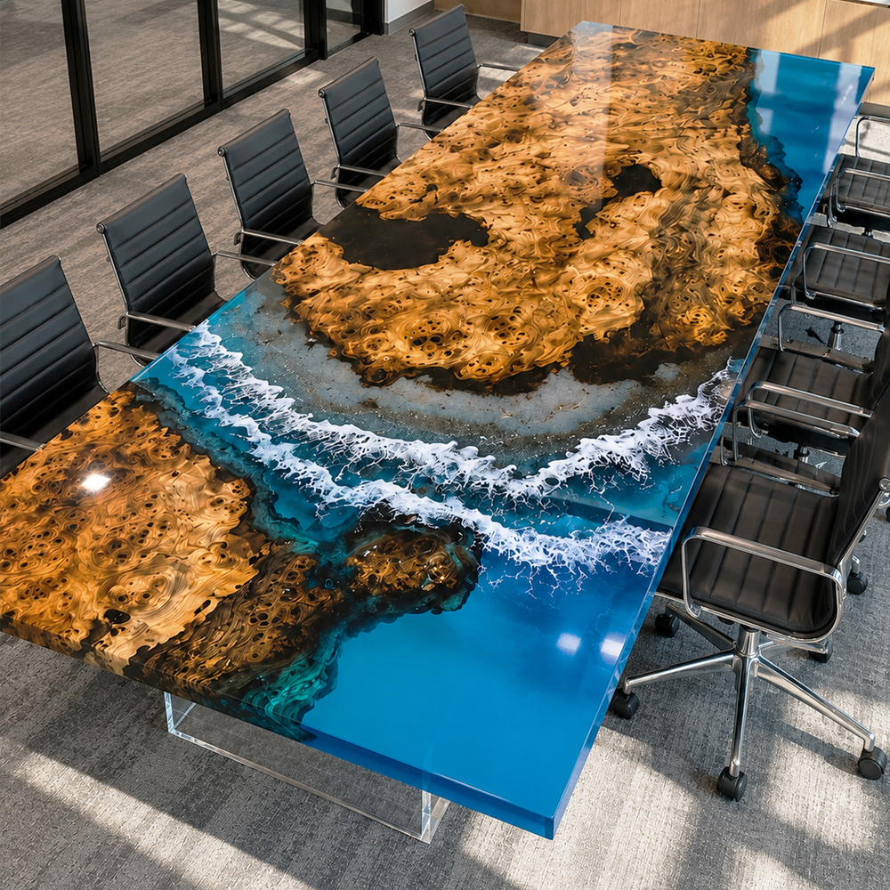 Poplar Burl Coastal Wave Island Epoxy Resin Conference Table