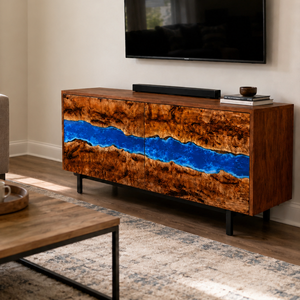 Golden Camphor Burl Blue River Epoxy Resin TV Console