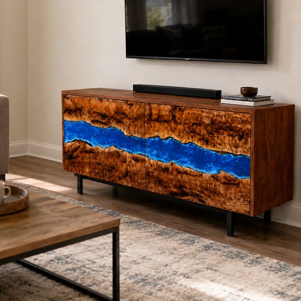 Golden Camphor Burl Blue River Epoxy Resin TV Console