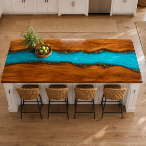 Walnut Wood Custom Aqua River Stone Style Epoxy Resin Countertop