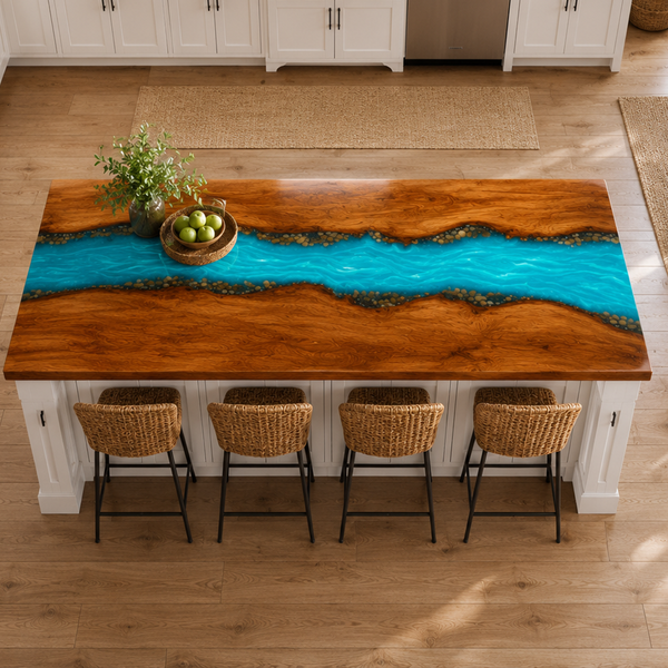 Walnut Wood Custom Aqua River Stone Style Epoxy Resin Countertop