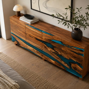 Walnut Ocean Blue River Epoxy Resin Storage Console