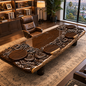 Black Walnut Dragon Carved Tea Wood Slab Table