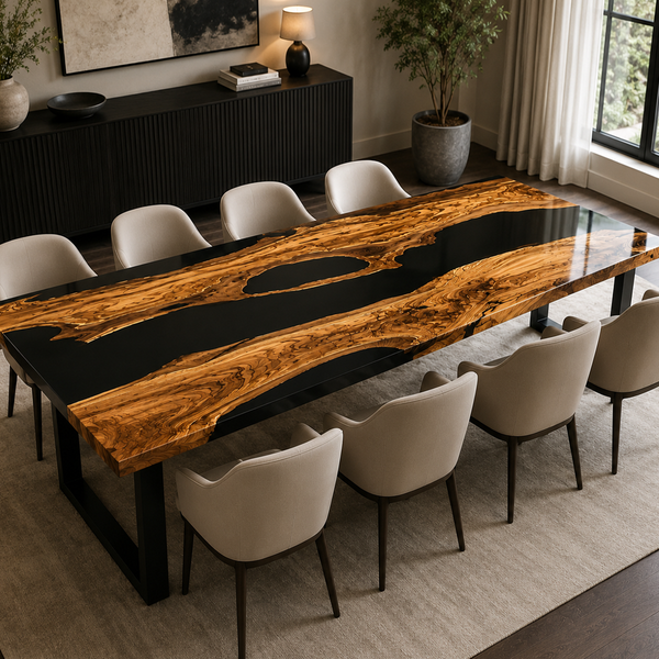 Olive Wood Black River Epoxy Resin Dining Table